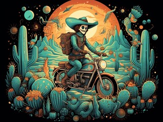 Dreamlike rider with cactus companions, turquoise fantasy, stitched patch flair ,  illustration