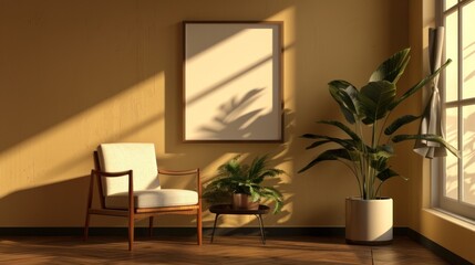 Minimalist interior design with elegant armchair, indoor plants, and soft sunlight casting shadows on warm wall. Modern home decor with peaceful atmosphere.