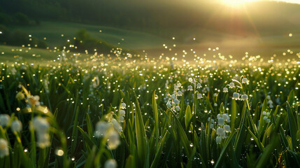 Lily of the valley field with dew drops