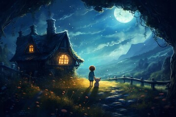 Bluedressed girl and her cat discovering a warmly lit stone cottage under a starry forest canopy ,   illustration - obrazy, fototapety, plakaty