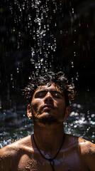 Fototapeta premium Meditative Pose Under Cascading Waterfall, The image features an individual in a meditative pose, enveloped by the powerful yet serene rush of a waterfall. 