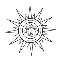 Sun vector illustration, hand drawn celestial boho line art logo, icons and symbol mystic moon tattoo elements for decoration. - 786390883