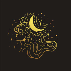 Fairy golden girl with space hair. Astrology and astronomy Business concept, fortune tellers, predictions, horoscope. Logo vector illustration. Witchcraft, spirituality. - 786391011