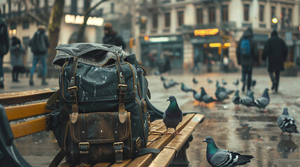 A school bag placed on a bench in a bustling city square, surrounded by pigeons. - obrazy, fototapety, plakaty