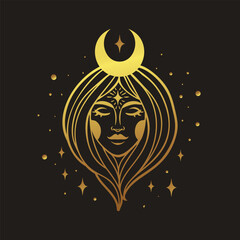 Fairy golden girl with space hair. Astrology and astronomy Business concept, fortune tellers, predictions, horoscope. Logo vector illustration. Witchcraft, spirituality. - 786391204