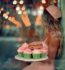 Woman holding cupcakes in front of the shop window. Blurred background.