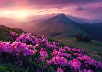 beautiful colorful rhododendron flower field on the mountain hill at sunset