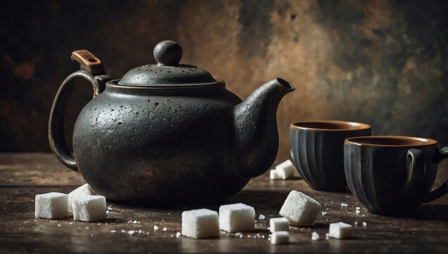 Teapot with cups, bowl of sugar cubes and spoon on distressed grunge background.