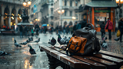 A school bag placed on a bench in a bustling city square, surrounded by pigeons.