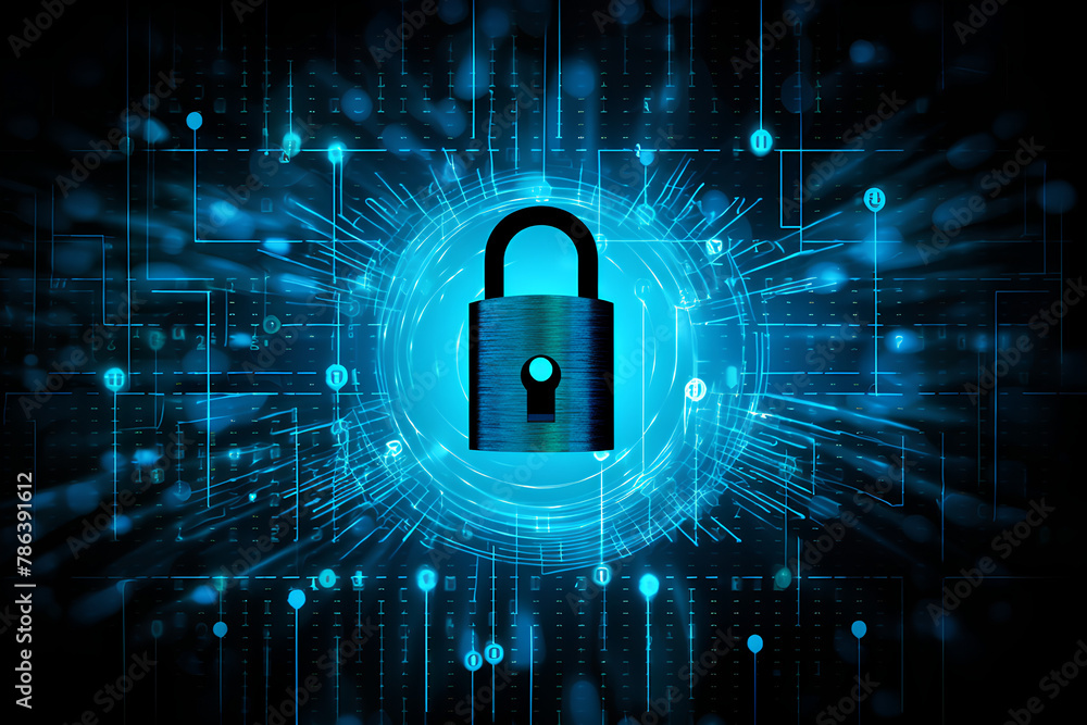 Poster cyber security padlock blue abstract digital binary code background