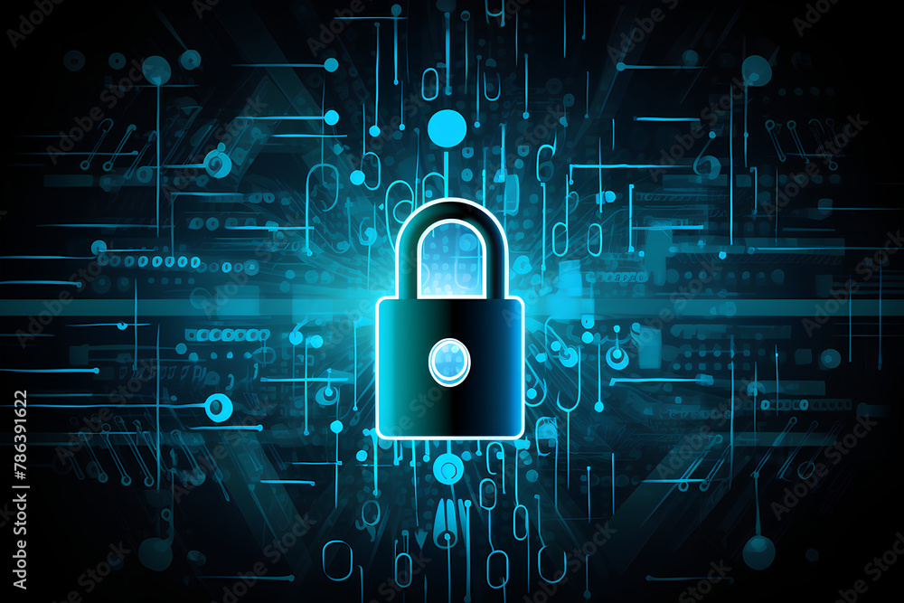 Poster cyber security padlock blue abstract digital binary code background