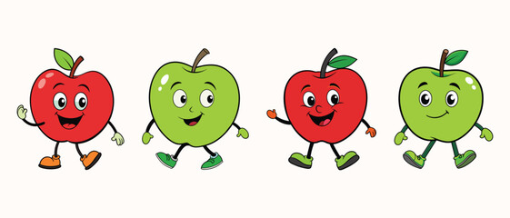 Set of green and red Apple retro funky cartoon characters. smile face, Groovy summer vector illustration.