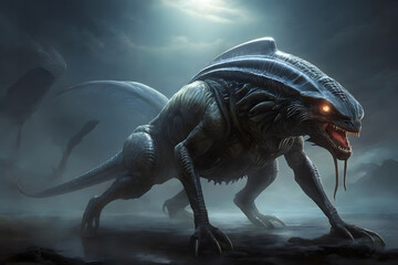 A close-up image of a mythical beast from outer space with long teeth, an extended tail, and rough skin against an outer world backdrop.