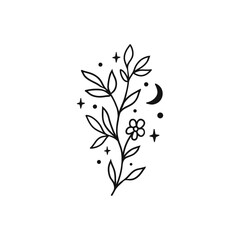 Leaves, flowers with moon and star. Hand sketch vector vintage elements. Vector illustration. Doodle cute style. - 786391651