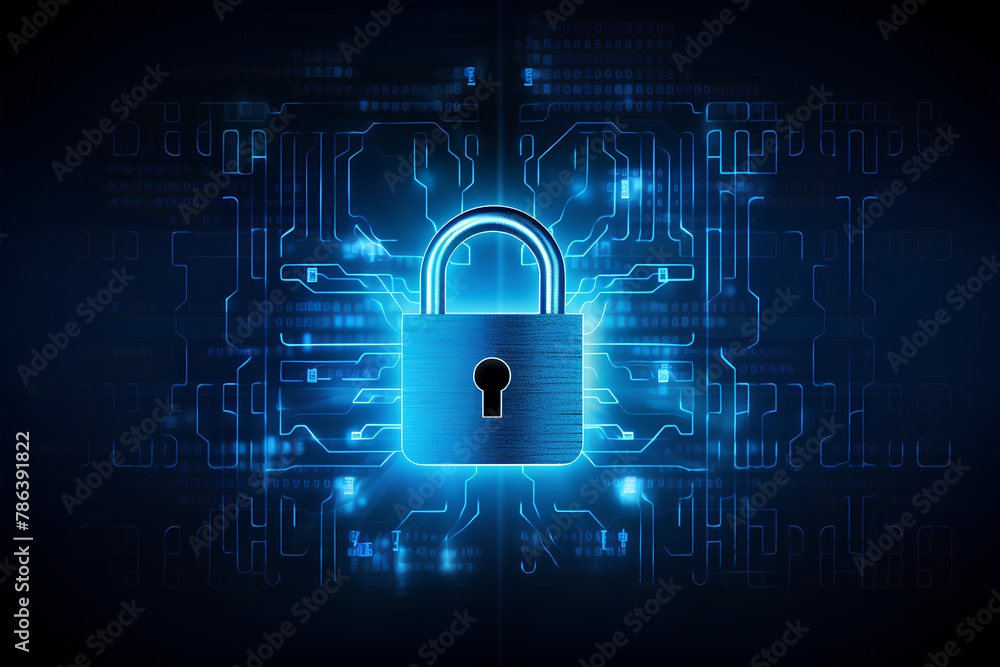 Poster cyber security padlock blue abstract digital binary code background