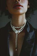 The model wears a mustard yellow silk tank top dress. She has dark curly hair and a black hat made from small white beads and pearls.