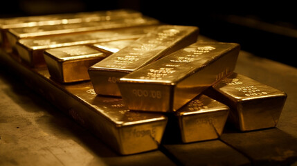 Gold ingots, close-up of gold bullions, shallow depth of field