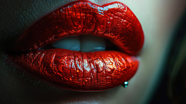 Macro Photograph of A Gorgeous Women Red Lips With Dark Red Color Lipstick Blurry Background