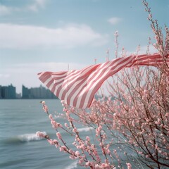 Flag on the background of the sea and the city in spring.