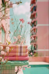 A stack of towels on the background of a pink house. Selective focus.