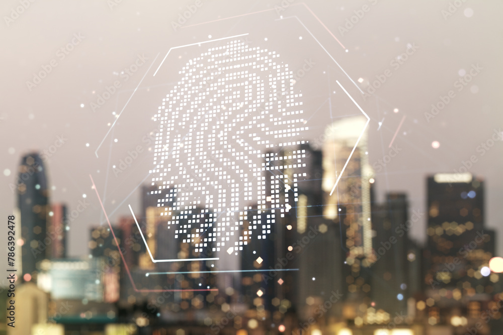 Poster Multi exposure of virtual abstract fingerprint illustration on blurry skyline background, digital access concept