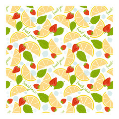 Seamless pattern of lemon slices and sweet strawberries with ice cubes and mint leaves. Isolated on white background. Summer time. Pattern for fabric, paper, textiles and much more. Vector