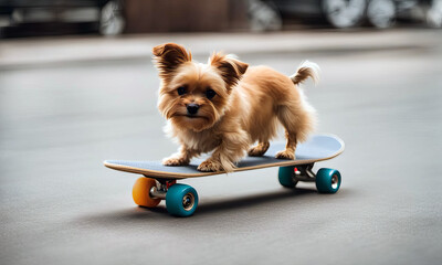 Cute little terrier puppy on a skateboard - obrazy, fototapety, plakaty