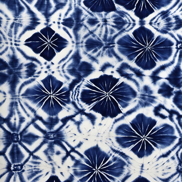 tie-dye pattern of navy blue color on white. Hand painting fabrics - nodular batik. Shibori dyeing.