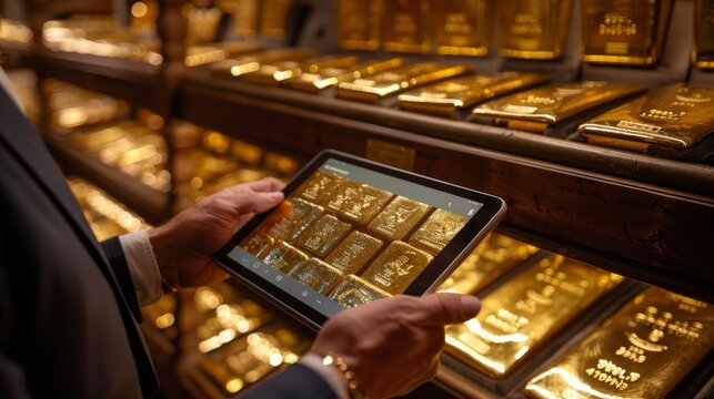 A man is holding a tablet in front of a gold display case