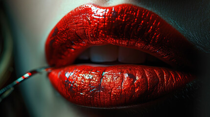 Dark Red Color Lipstick On Beautiful Women Red Lips Background Blur Close-Up View - obrazy, fototapety, plakaty