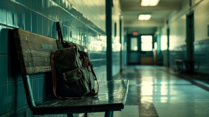 A school bag placed on a bench in a quiet school hallway during a peaceful afternoon.