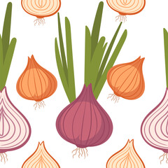 Seamless pattern of bulb red onion and garlic with green stem spicy edible root vector illustration on white background