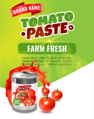 Realistic tomato ads with branded metal can container editable text and images of ripe tomatoes