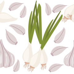 Seamless pattern of garlic with green stem spicy edible root vector illustration on white background