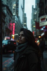 Obraz premium A woman amidst a bustling city street, her face a calm oasis of serenity, embodying peace amidst chaos as she enjoys a moment of solitude.