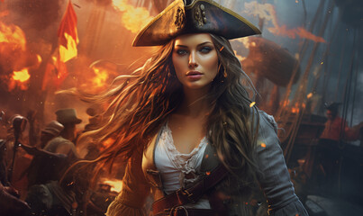 Fototapeta premium Beautiful pirate woman with burning ship in the background, panoramic view, generated ai 