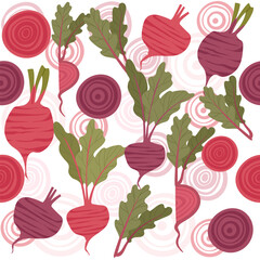 Seamless pattern of beetroot with green leaves tasty sweet vegetable vector illustration on white background