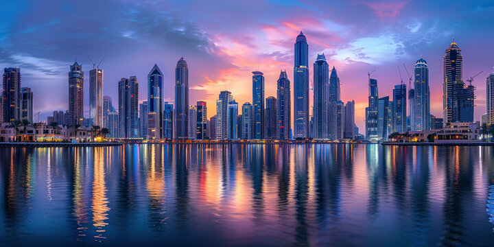 Vibrant Dubai skyline at sunset reflected in the water, United Arab Emirates