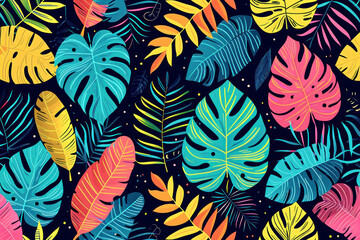 Colorful Tropical Leaves Seamless Pattern on Dark Background for Graphic Design and Print, Exotic Jungle Foliage Texture Illustration