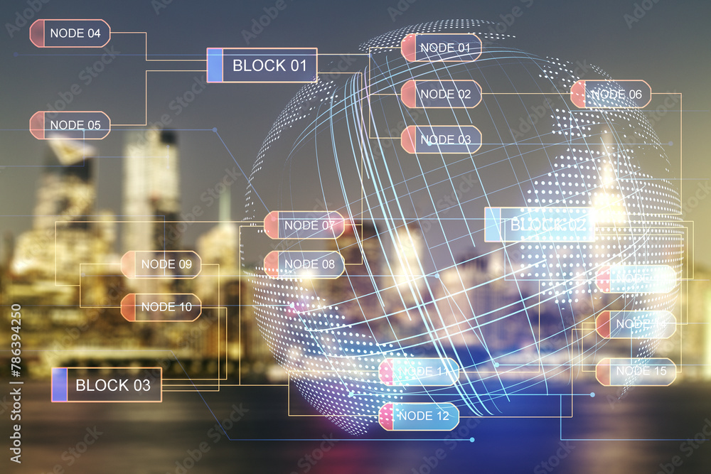 Aufkleber Multi exposure of abstract programming language hologram and world map on blurry office buildings background, artificial intelligence and neural networks concept