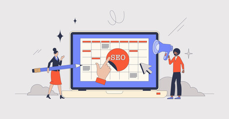 Content marketing strategy with SEO neubrutalism tiny person concept. Business communication with effective advertisement and promotion vector illustration. Message with information for customers.