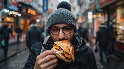 Man eating kebap sandwich on street