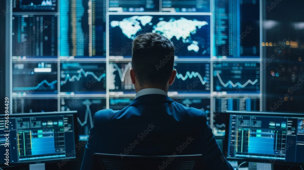 Poster man sitting at desk with multiple monitors