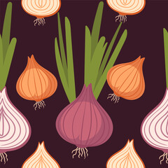 Seamless pattern of bulb red onion and garlic with green stem spicy edible root vector illustration on dark background