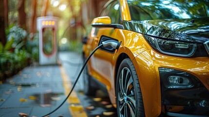 Alternative energy concept.Close up of the Hybrid car electric charger station with power supply plugged into an electric car being charged