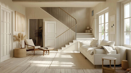 Elegant beige stairs reflecting Scandinavian style in a cozy and inviting lounge.