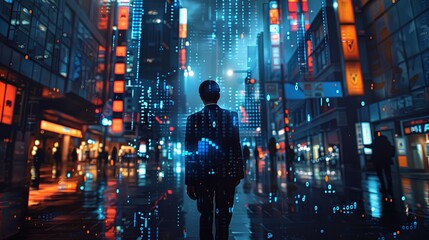 Man wearing suit walking on the city street with bokeh abstract light in the background between skyscrapers - obrazy, fototapety, plakaty