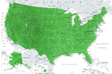 United States - Highly Detailed Vector Map of the USA. Ideally for the Print Posters. Emerald Green Grey Colors. Relief Topographic - obrazy, fototapety, plakaty
