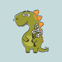 Cute little dinosaur with flowers. Vector illustration. Template for invitation, card, poster, cover, banner, social media