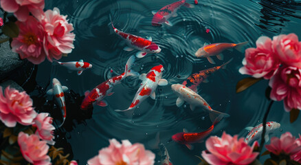A group of koi fish swimming in the water, surrounded by blooming pink flowers - obrazy, fototapety, plakaty